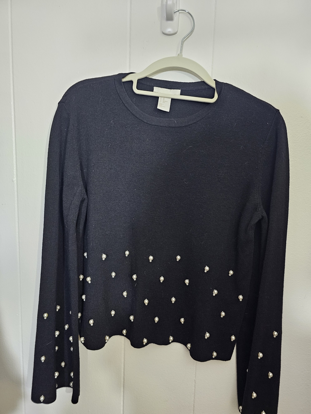 H&M Black Crewneck Sweater with Pearl Stud Embellishments